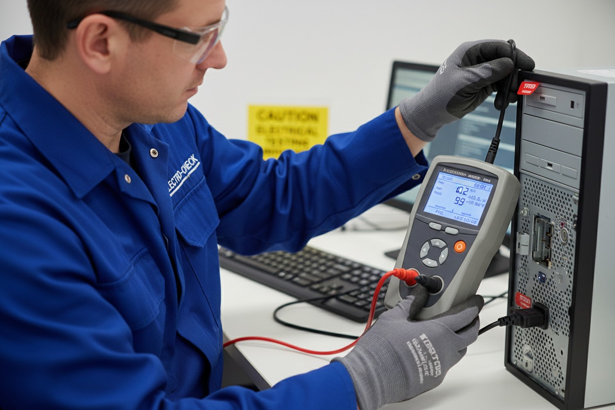 A technician wearing safety glasses and gloves uses a handheld electrical testing device to check a computer tower.
